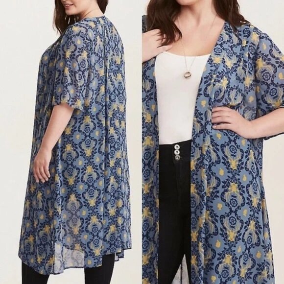 Torrid Outlander Blue deer print kimono duster semi sheer size 0 Large 10 - Picture 1 of 10